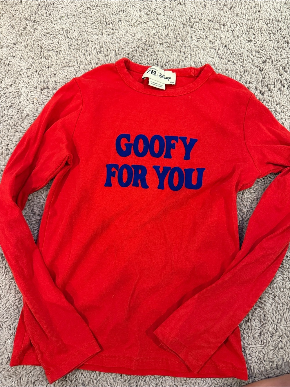ZARA Red Long Sleeve Tee with Blue 'Goofy For You' Print